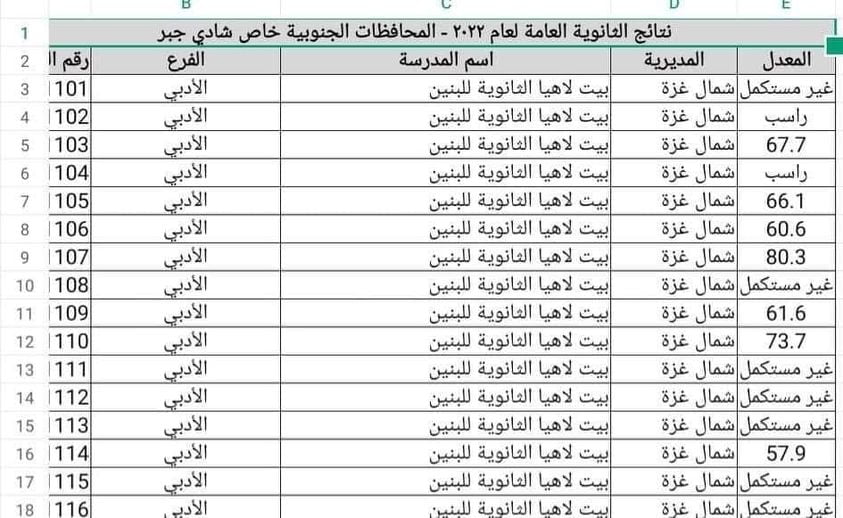 تحميل ملف xlsx نتائج توجيهي فلسطين 2022 لجميع محافظات فلسطين