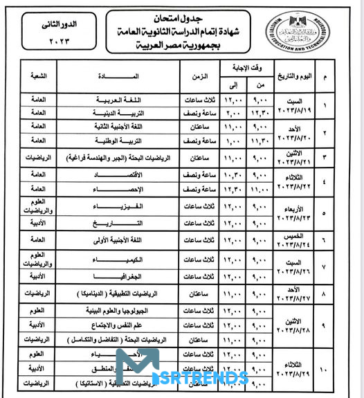 رسميًا.. جدول امتحانات الدور الثاني ثانوية عامة 2023.. جدول الدور الثاني للثانوية العامة 2023.. موعد امتحانات الثانوية العامة 2023 الدور الثاني – البوكس نيوز