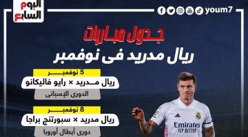 رياضة – 5 مباريات قوية تنتظر ريال مدريد حتى نهاية شهر نوفمبر.. إنفو جراف