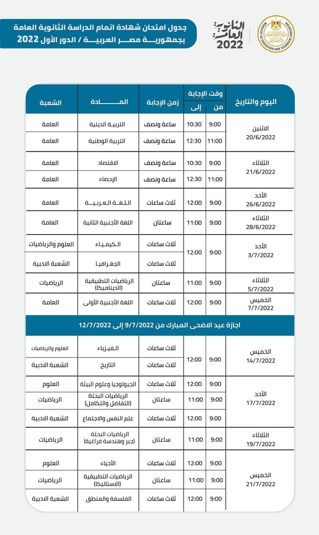 الان – جدول امتحانات الثانوية العامة 2024.. جدول امتحانات الصف الثالث الثانوي 2024 علمي أدبي – البوكس نيوز