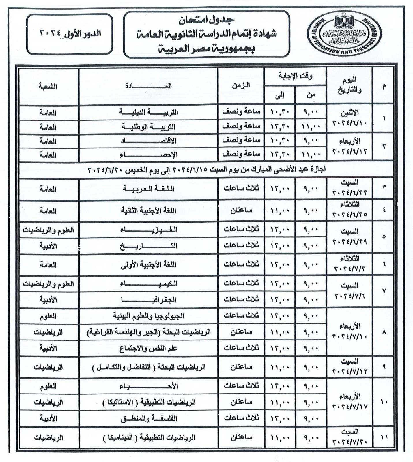 الان – جدول امتحانات ثانويه عامه 2024.. جدول امتحانات الثانوية العامة 2024 علمي علوم – البوكس نيوز