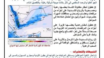 مركز الانذار المبكر يحذر من هطول أمطار رعدية غزيرة مصحوبة برياح شديدة على عدد من المحافظات بينها شبوة.