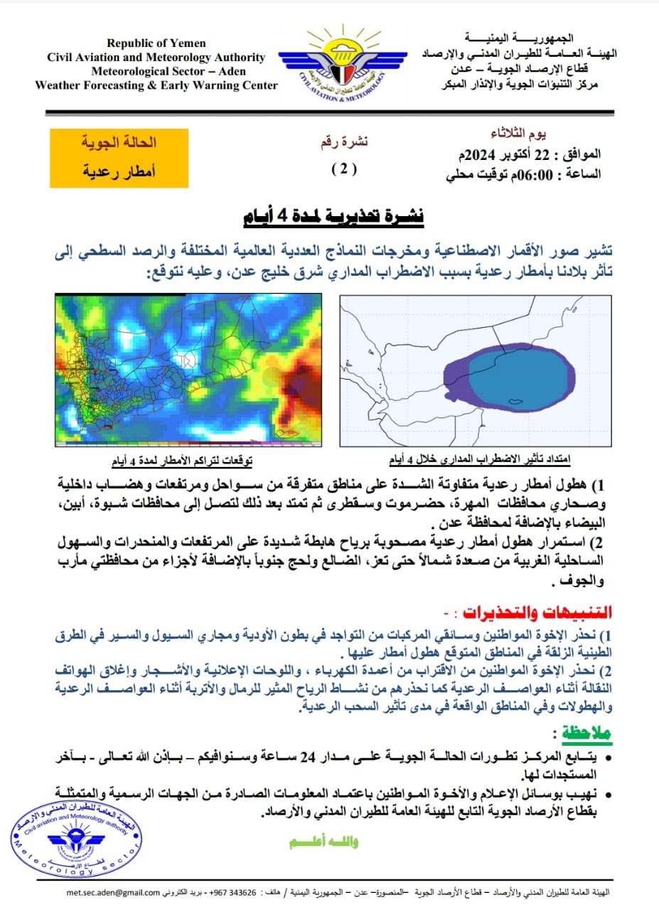 الأرصاد الجوية تحذر من تأثر بلادنا بأمطار رعدية ورياح شديدة خلال الأربعة الأيام القادمة