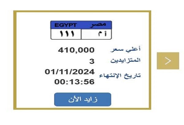 برقم «أ م 111».. مزاد المرور يشتعل على لوحة سيارة مميزة وسعرها يصل لـ410 آلاف جنيه